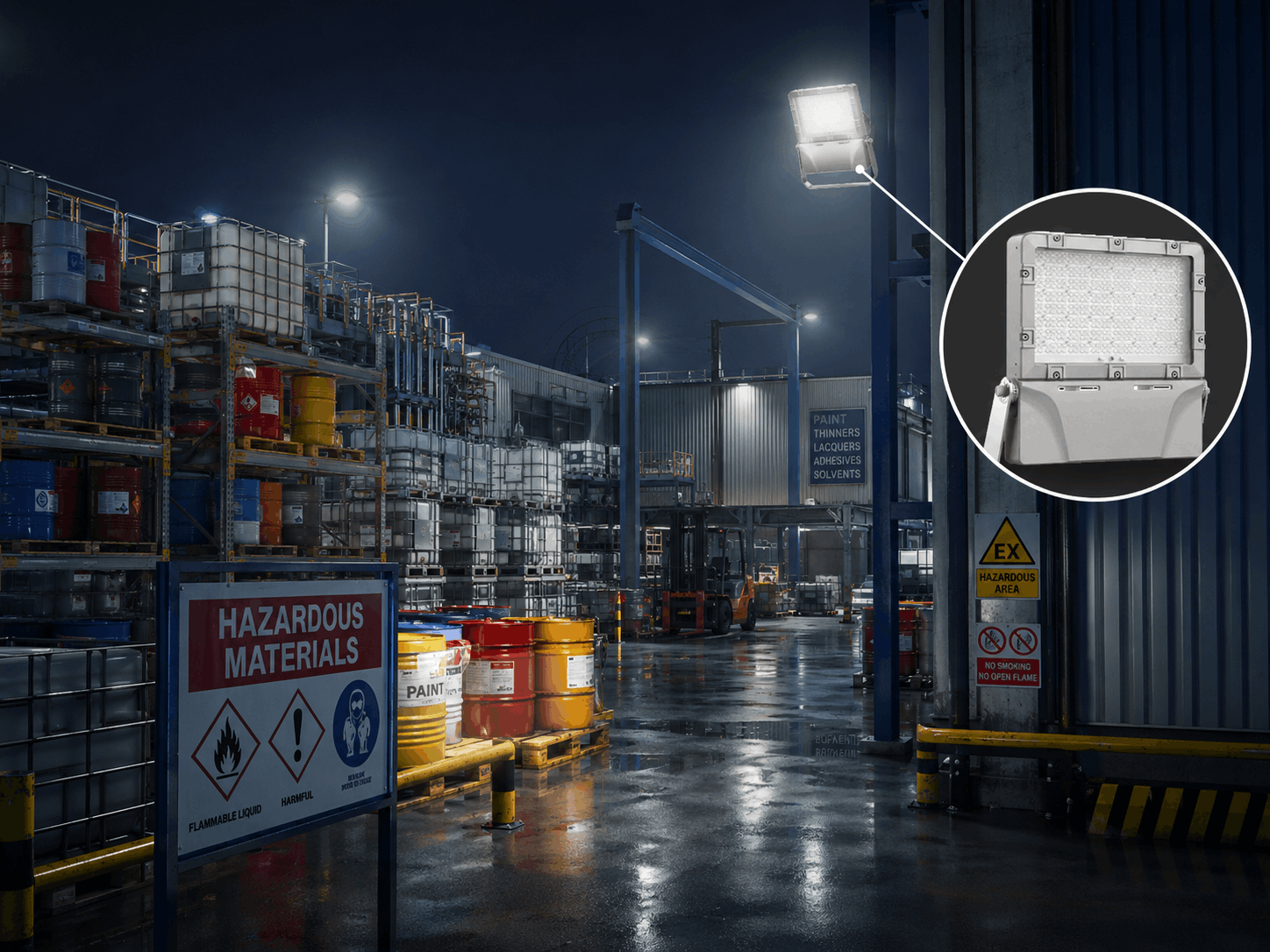 Reflector LED antiexplosivo en zona de acopio de materiales peligrosos para industria de pinturas